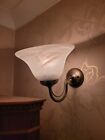 Elegant  Uplighter Wall Lamps - Antique Brass with Opaque White Glass Shades.