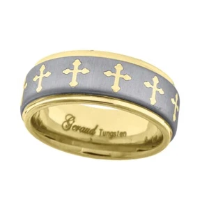 Alianza de anillo de boda cruz de tungsteno para hombre con incrustaciones de tono dorado ajuste cómodo tallas 11, 12 - Imagen 1 de 2