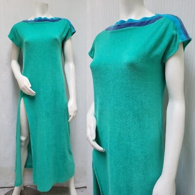 Vintage GILEAD Green Terry Cloth Maxi Dress with Slit - Size M - Image 1 of 4
