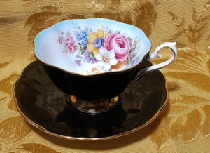 ROYAL ALBERT FLORAL BOUQUET *MILADY SERIES* BLACK CUP & SAUCER PINK ROSE ENGLAND - Picture 1 of 6