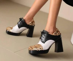 Sweet Women's Square Toe Block Heels Summer Leather Sequins Lace up Lolita Shoes - Picture 1 of 16