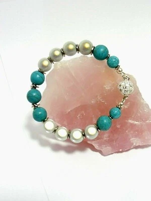Damen Armband Miracle- Perlen und Türkis blau mit Strass Silber 18 cm  NEU - Bild 1 von 3
