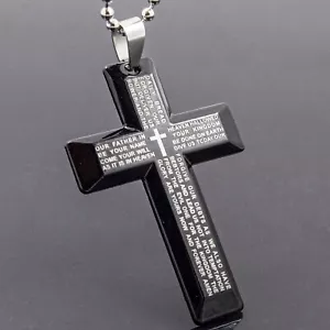 Men's Black Cross Prayer Print Pendant Necklace 19.6 inch Cool Bead Chain - Picture 1 of 6
