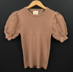Elie Tahari Ribbed Knit Sweater Top Short Puff Crochet Sleeve Light Brown Size M