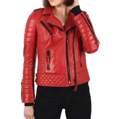 HOT! New Women's Red Leather Jacket 100% Soft Lambskin Bomber Biker Coat jacket - Image 1 of 4