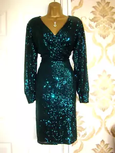 Quiz Sequin Size 12-14 Evening Party Cocktail Wedding Guest Midi Dress Green - Picture 1 of 7