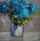 BLUE FLOWERS OIL PAINTING VIVEK MANDALIA IMPRESSIONISM COLLECTIBLE 12X12 SIGNED