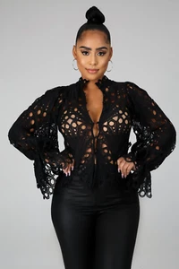 Women Black Embroidery Long Bell Sleeves Button down Blouse. Size Small. - Picture 1 of 3