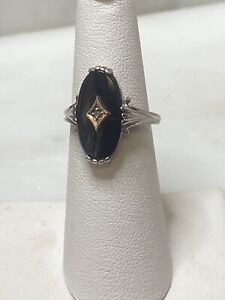 10K Gold Antique Black Onyx Diamond Ring 3.75g