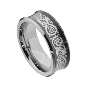 8mm Tungsten Carbide Concaved Brush Dragon Celtic Scroll Mens Wedding Band - Picture 1 of 7
