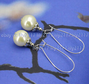 Charming 8/10/12mm South Sea Shell Pearl Round Beads Silver Hook Dangle Earrings