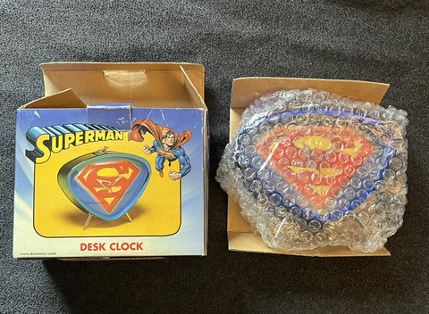 Vintage Vandor Blue Metallic Retro SUPERMAN Desk Alarm Clock - New in Box Cover