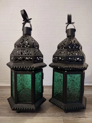 2 Emerald Glass Moroccan Candle Holders Lantern Lamp Hang/Table Patio Home Decor - Image 1 of 4