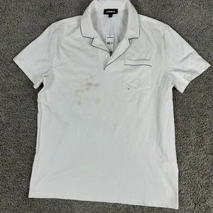 Express Polo Shirt Mens Medium White Piped Pocket Collar New Tags Stain Flawed - Picture 1 of 10