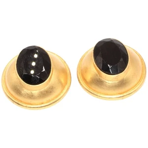 HUGE Authentic Gianfranco Ferre Vintage Gold BLACK ONYX Metal Clip On Earrings - Picture 1 of 5