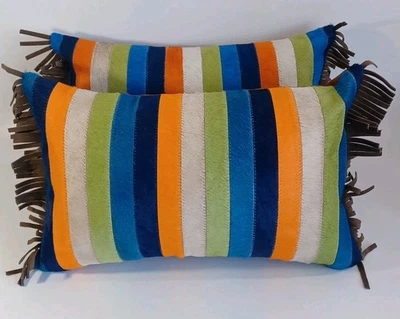 2 Handcrafted In Brazil Indoor Pillows 12x22 Cowhide & Suede Leather Fringe, New - Image 1 of 4