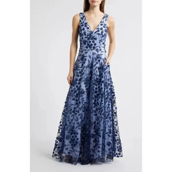 Eliza J  Navy Blue Embroidered Floral Illusion Lace A-Line Gown Size 6 $308 - Image 1 of 3