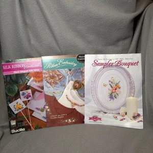 Lot 3 Ribbon Embroidery Pattern Books Bucilla Sampler Bouquet Transfer Sheets - Picture 1 of 13