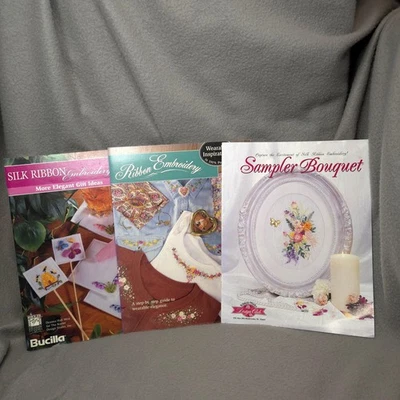 Lot 3 Ribbon Embroidery Pattern Books Bucilla Sampler Bouquet Transfer Sheets - Image 1 of 4