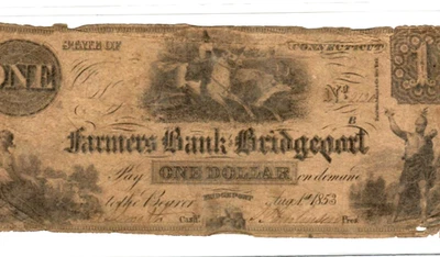 $1 (FARMERS  BANK OF BRIDGEPORT) "CONNECTICUT" 1800'S (BRIDGEPORT) RARE NOTE!!!! - Image 1 of 3