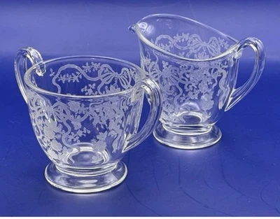 Vintage Clear Etched Depression Glass Fostoria Romance Pattern Cream and Sugar - Image 1 of 4