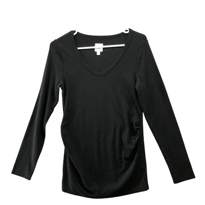 Gap Maternity Long Sleeve T Shirt Womens M Black V-Neck Ruched Sides Basic - Image 1 of 4