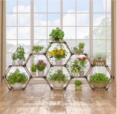 Large 11 Tier Wood Plant Stand Indoor Outdoor Hexagonal Shelving - Image 1 of 4