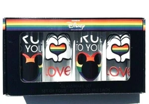 Disney Mickey Mouse 4 Rainbow Pride Love Hand Heart Glass Highball Tumblers NIB - Picture 1 of 6