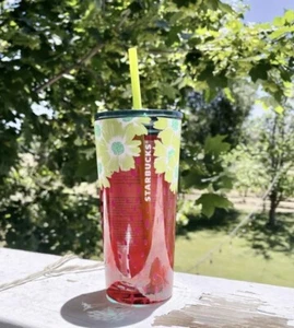 NEW Starbucks Pink Strawberry Fields Floral Glass Summer 2022 Tumbler - Picture 1 of 3