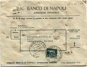BANCO DI NAPOLI, ASSICURATA PER CALVENE, GIU 1938, FRANCOBOLLO LIRE 2,55     m - Imagen 1 de 1