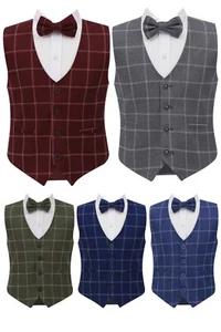 Boys Tweed Windowpane Check Waistcoat Cotton 3 Piece Pageboy Wedding Bowtie Set - Picture 1 of 20