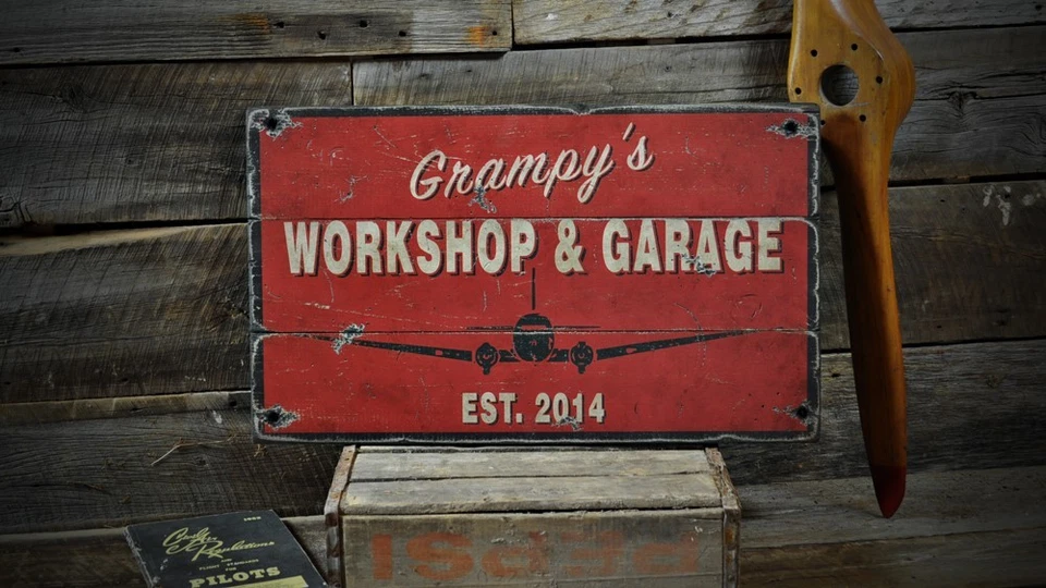 Custom Aviation Workshop Garage Sign -Rustic Hand Made Vintage Wooden - Image 1 of 1