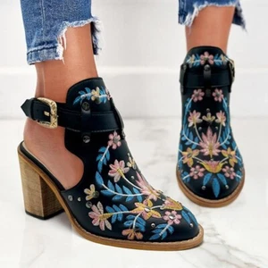 Mujer Sandalia Botas Retro Floral Bordado Tacón Grueso Negro Bomba Remache 7 - Imagen 1 de 6