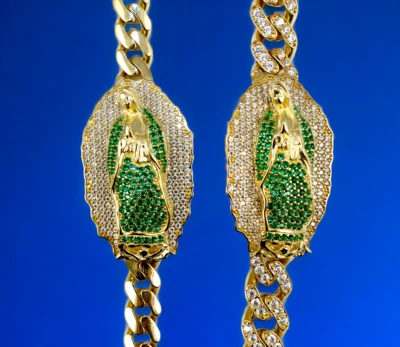 14K Yellow Gold SOLID Virgin Mary Green CZ Monaco Cuban Link Chain ID Bracelet - Image 1 of 4