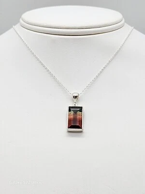 NAT. WATERMELON TOURMALINE EMERALD CUT GEMSTONE STERLING SILVER 925 PENDANT & CH - Image 1 of 4