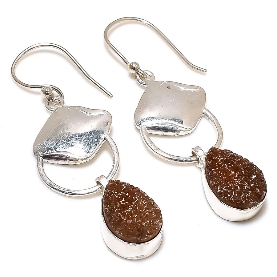 Smoky Titanium Druzy Gemstone Silver Plated Handmade Dangle Earrings Jewelry 2" - Image 1 of 1