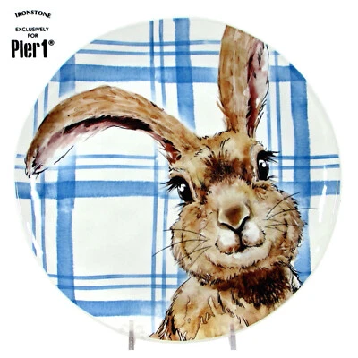 NUEVO Pier 1 Imports HENRY BUNNY 8.5" Plato de Ensalada Oreja de Conejo Curvado Azul Cuadros Foto 1 de 4