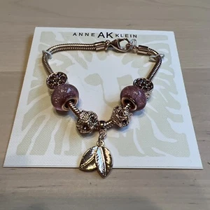 Anne Klein pink stone bracelet With Dangling Leaf Charm. Rose gold Color - Picture 1 of 2