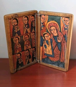 Antique ETHIOPIAN Orthodox Coptic Hand Carved Wood Icon From Aksum Hand Painted - Picture 1 of 5