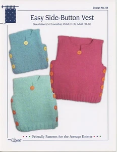 Design by Louise Knitting Pattern #58 Easy Side-Button Vest Baby 3mos-Adult 52" - Picture 1 of 2