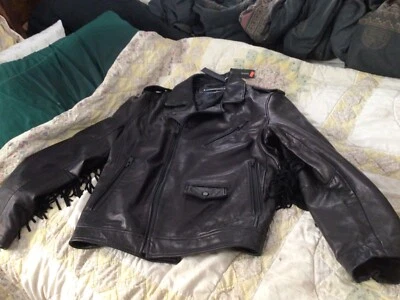 Daniel Won Black Lamb Leather Motorcycle Jacket, Fringe on Arms, Xl, New w/Tags - Image 1 of 4