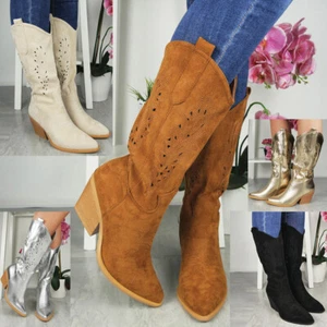 Cowboy Boots Shoes Ladies Mid Calf Zip Heel Western Comfy Faux Suede Womens Size - Picture 1 of 33