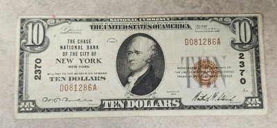 Series 1929 Chase Bank of NYC #2370 $10 Note - Better Grade - Folds & Creases - Image 1 of 4