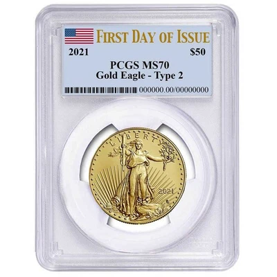 2021 $50 Type 2 American Gold Eagle 1 oz PCGS MS70 FDOI Flag Label - Image 1 of 2