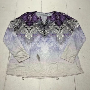Purple Paisley Print V-Neck Long Sleeve T-Shirt Women's Size 2X-Large NEW - Picture 1 of 7