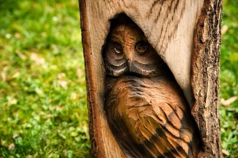 Holz Eule im Baumstamm Dekofigur Handarbeit Gartendeko Natur Herbst Geschenk - Bild 1 von 3