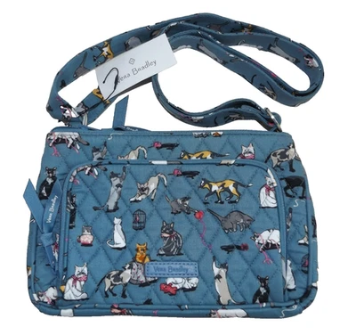 VERA BRADLEY Crossbody RFID Little Hipster Cat's Meow - Black White Gray Cats - Image 1 of 4