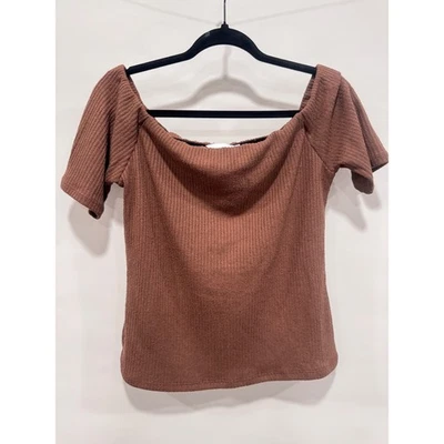 H&M Brown Ribbed Knit Off Shoulder Short Sleeve Top Blouse XL Extra Large - Image 1 of 4