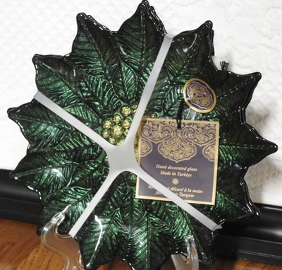 3 placas de vidro verde e dourado Poinsétia 9" NOVOS detalhes artísticos - Imagem 1 de 3