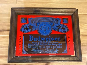 Budweiser Beer Anheuser Busch Mirror Sign Wood Frame Vintage 1980’s Very Nice - Picture 1 of 9